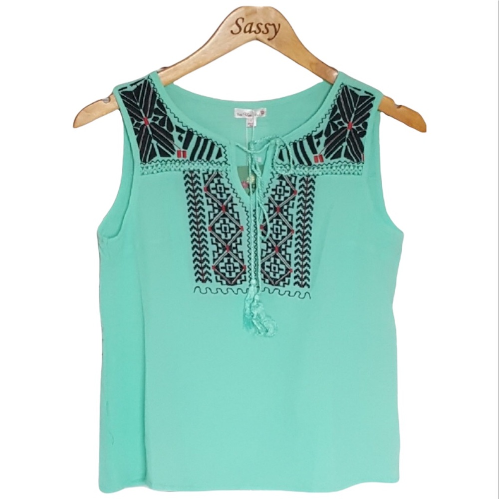 Mint Green Embroidered Aztec Tribal Sleeveless Blouse Tank Top